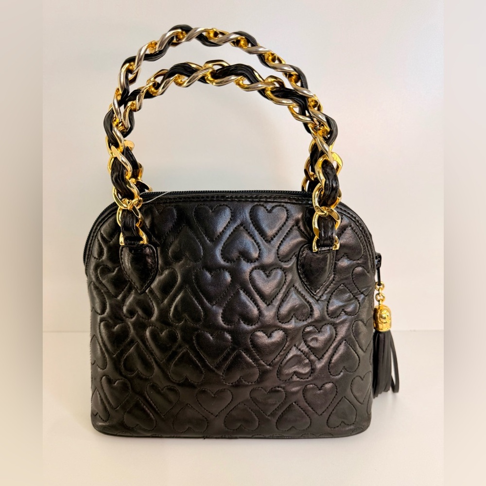 Pre Owned Cosci Black Leather Bag Purse W/ 2 Gold Chain Metal Handle